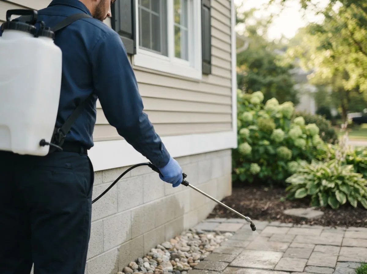 Pest control technician inspecting a home in Barneveld, NY